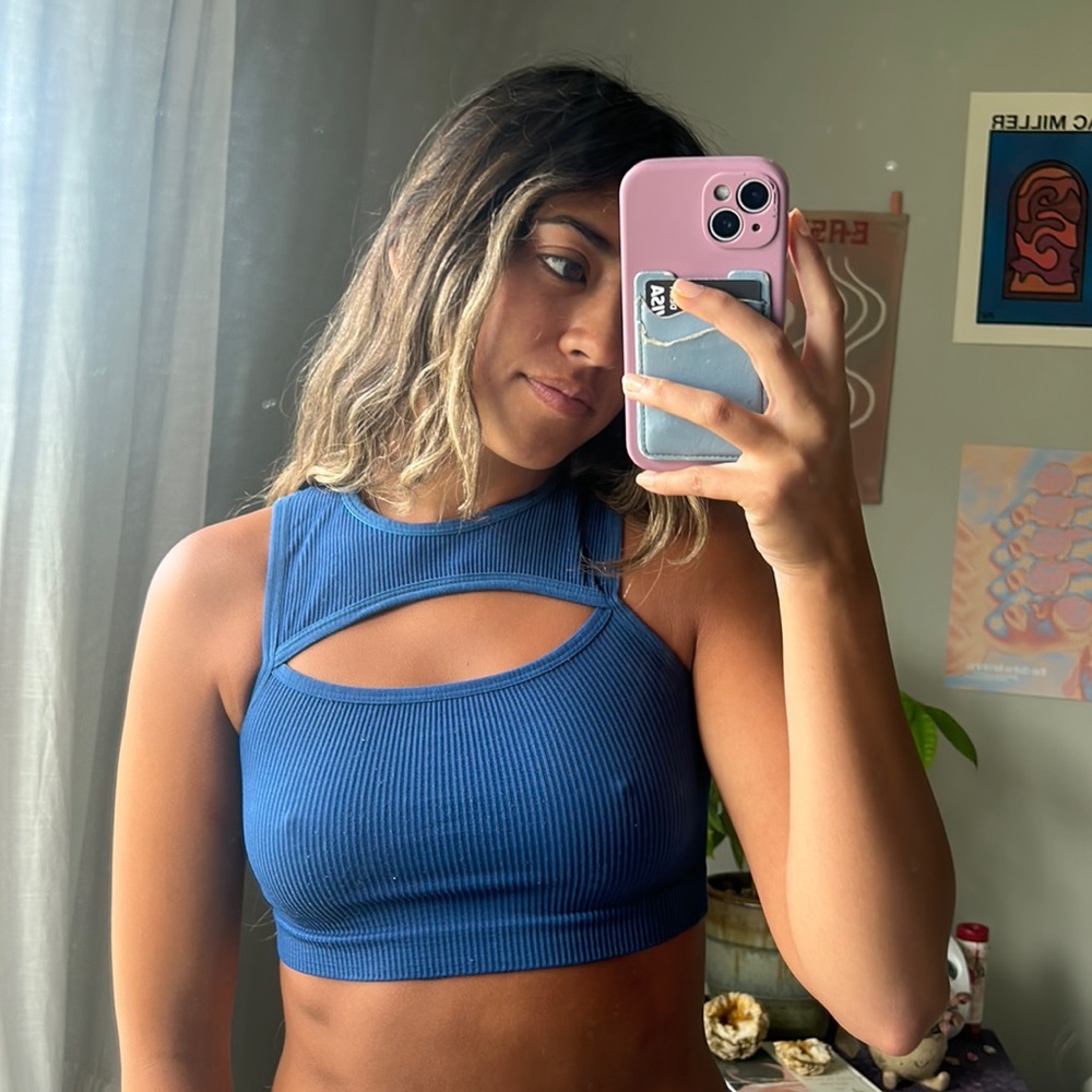 Dark blue ribbed seamless cut out cropped urban outfitters tank top
